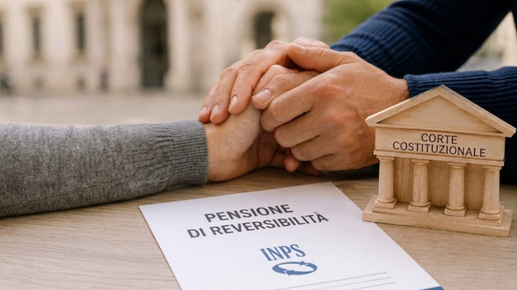 Due partner si tengono la mano accanto a un documento sulla pensione di reversibilità dopo la sentenza della Corte Costituzionale del 2026.