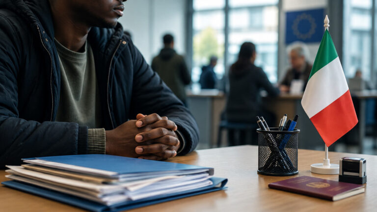 Dopo quanto tempo può lavorare in Italia un richiedente asilo? Cambiano le regole Richiedente asilo in un ufficio amministrativo in Italia durante le pratiche per la domanda di protezione internazionale.
