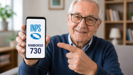 Pensionato mostra uno smartphone con la scritta "Rimborso 730" e il logo INPS per rappresentare il pagamento del rimborso fiscale 2026.