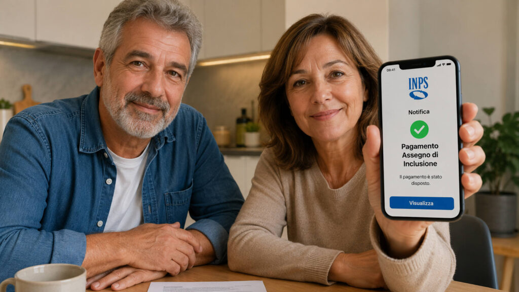 Coppia di circa 55 anni seduta al tavolo della cucina mentre mostra sullo smartphone una notifica di pagamento dell'Assegno di Inclusione INPS.