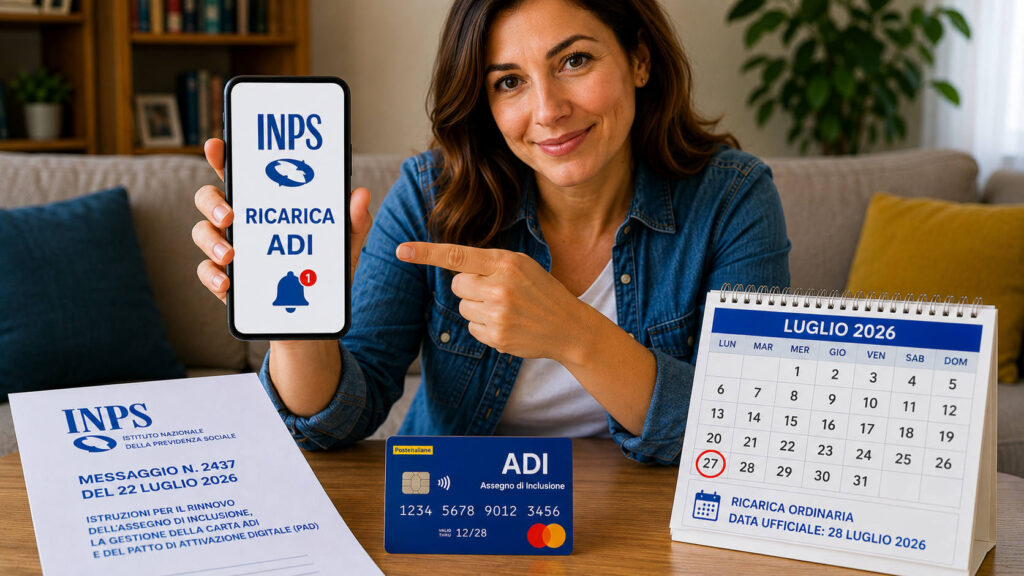 Assegno di Inclusione, ecco le istruzioni INPS: cosa cambia per il rinnovo 2026 e quando arriva la ricarica di luglio Donna mostra sullo smartphone una notifica sulla ricarica dell'Assegno di Inclusione, con Carta ADI, Messaggio INPS n. 2437 e calendario di luglio 2026.