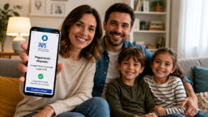 Assegno Unico luglio 2026, arrivano i pagamenti: ecco le date ufficiali e la novità INPS Famiglia seduta sul divano mentre la mamma mostra sullo smartphone una notifica di pagamento dell'Assegno Unico INPS di luglio 2026.