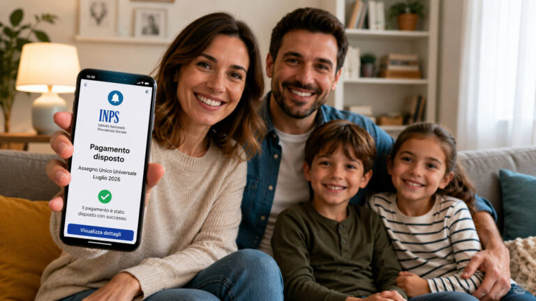 Assegno Unico luglio 2026, arrivano i pagamenti: ecco le date ufficiali e la novità INPS Famiglia seduta sul divano mentre la mamma mostra sullo smartphone una notifica di pagamento dell'Assegno Unico INPS di luglio 2026.