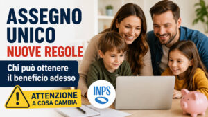 Assegno Unico 2026, famiglia con due figli mentre consulta le nuove regole INPS sul beneficio.
