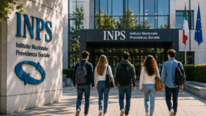 Giovani di spalle mentre si dirigono verso la sede INPS, immagine che rappresenta il bonus INPS per la stabilizzazione dei lavoratori under 35.