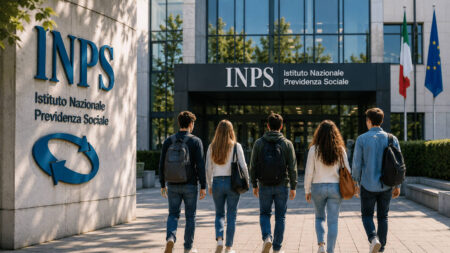 Bonus INPS per la stabilizzazione degli under 35: quando spetta lo sgravio del 100% Giovani di spalle mentre si dirigono verso la sede INPS, immagine che rappresenta il bonus INPS per la stabilizzazione dei lavoratori under 35.