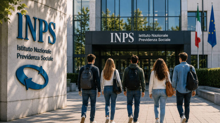 Bonus INPS per la stabilizzazione degli under 35: quando spetta lo sgravio del 100% Giovani di spalle mentre si dirigono verso la sede INPS, immagine che rappresenta il bonus INPS per la stabilizzazione dei lavoratori under 35.