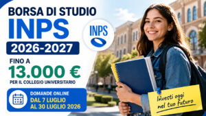 Studentessa universitaria con libri davanti all'università, immagine sulla borsa di studio INPS 2026-2027 per il contributo ai collegi universitari.
