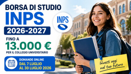 Borsa di studio INPS 2026-2027: chi può ottenere fino a 13.000 euro e come fare domanda Studentessa universitaria con libri davanti all'università, immagine sulla borsa di studio INPS 2026-2027 per il contributo ai collegi universitari.