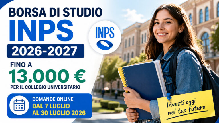 Borsa di studio INPS 2026-2027: chi può ottenere fino a 13.000 euro e come fare domanda Studentessa universitaria con libri davanti all'università, immagine sulla borsa di studio INPS 2026-2027 per il contributo ai collegi universitari.