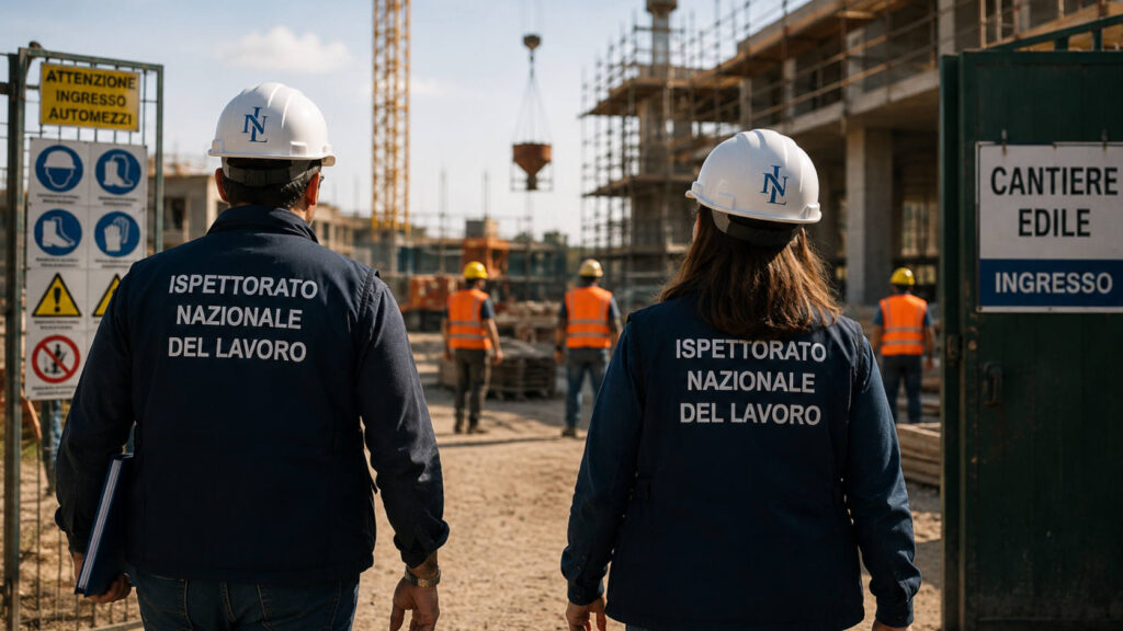 Ispettori del lavoro entrano in un cantiere per i controlli sui rischi legati al caldo