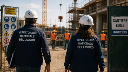 Ispettori del lavoro entrano in un cantiere per i controlli sui rischi legati al caldo