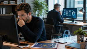 Impiegato in ufficio davanti al computer mentre il Garante Privacy richiama i limiti ai controlli sulle email aziendali.