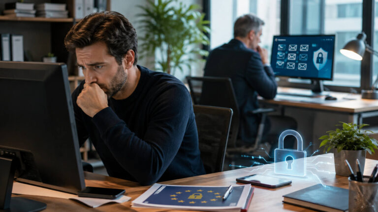 Email dei dipendenti, il Garante Privacy interviene: quando i controlli diventano illegittimi Impiegato in ufficio davanti al computer mentre il Garante Privacy richiama i limiti ai controlli sulle email aziendali.
