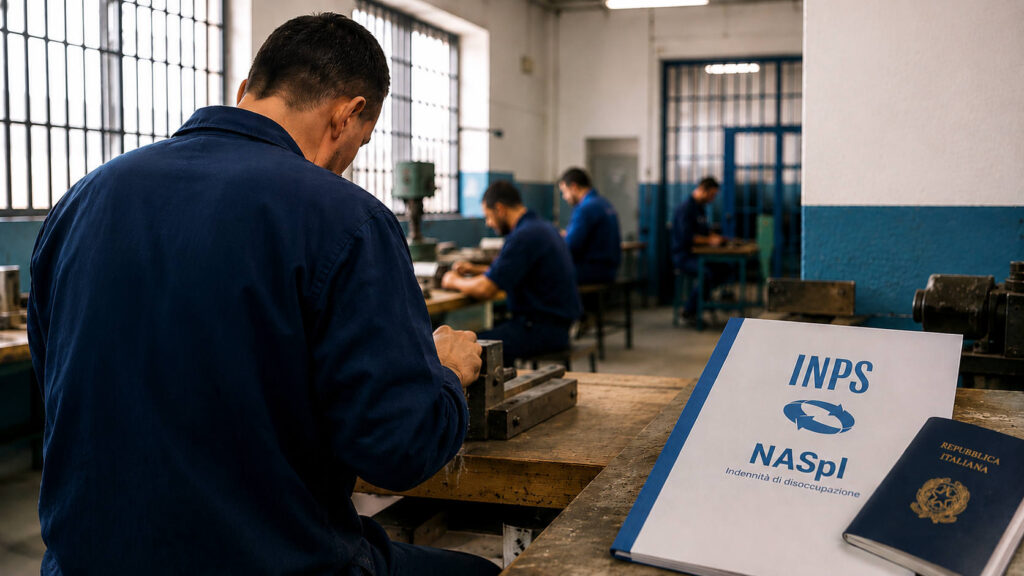 Detenuto al lavoro in un laboratorio all'interno di un istituto penitenziario con documenti INPS sulla NASpI in primo piano.