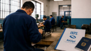NASpI, cambiano le regole per i detenuti lavoratori: l’INPS chiarisce quando spetta Detenuto al lavoro in un laboratorio all'interno di un istituto penitenziario con documenti INPS sulla NASpI in primo piano.