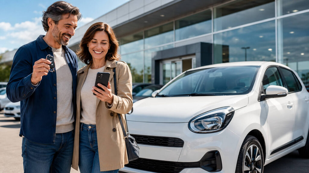 Noleggio sociale auto 2026 con famiglia davanti a un'auto nuova.