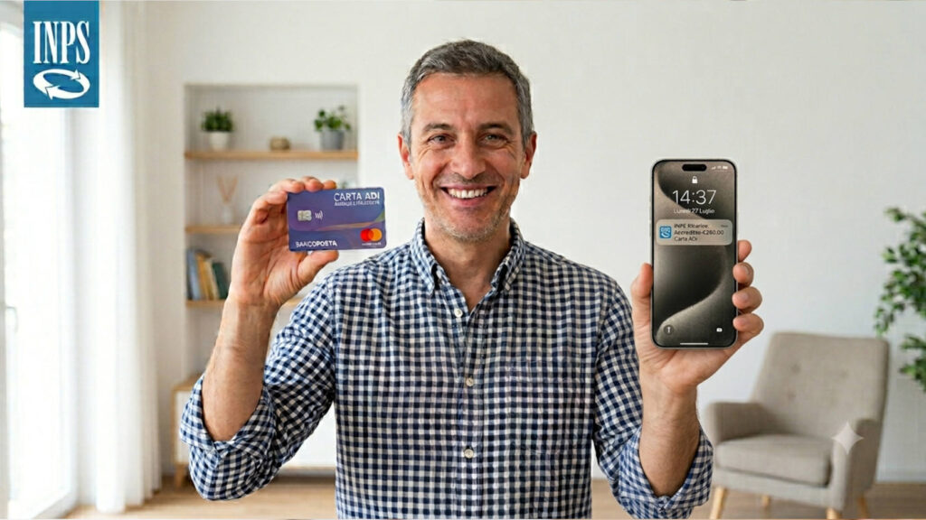 Uomo sorridente che mostra la Carta ADI dell'INPS e uno smartphone con notifica di ricarica dell'Assegno di Inclusione.
