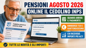 Pensionato controlla il cedolino INPS della pensione di agosto 2026 con rimborso 730, quattordicesima e importo del pagamento.