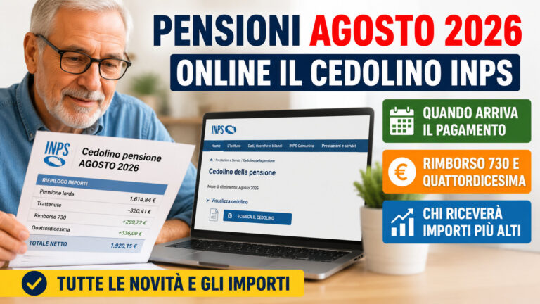 Pensioni agosto 2026, online il cedolino INPS: quando pagano e chi riceverà importi più alti Pensionato controlla il cedolino INPS della pensione di agosto 2026 con rimborso 730, quattordicesima e importo del pagamento.