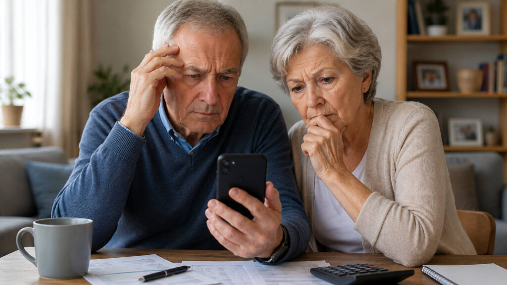 La quattordicesima INPS non è arrivata? Ecco cosa controllare prima di preoccuparti Coppia di pensionati controlla lo smartphone dopo il pagamento della pensione per verificare la quattordicesima INPS 2026.