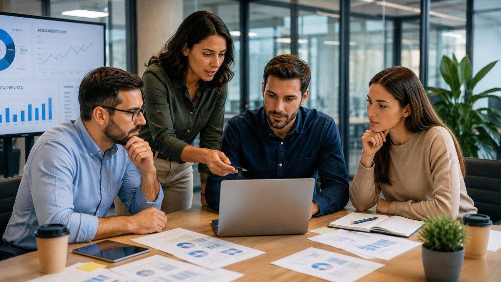 Asimmetria informativa: il rischio invisibile che influenza le decisioni aziendali Team di lavoro riunito in ufficio mentre discute davanti a un computer durante una riunione operativa.