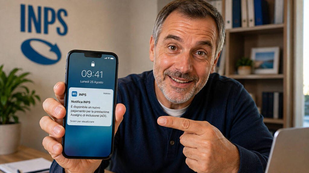 Uomo mostra sullo smartphone la notifica della ricarica ordinaria dell’Assegno di Inclusione di agosto 2026