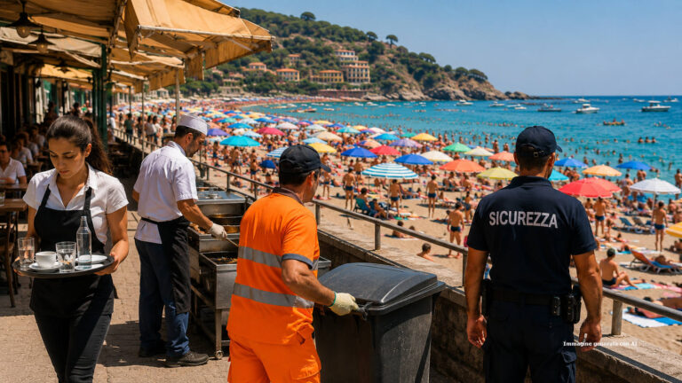 Ferragosto 2026 cade di sabato: cosa cambia in busta paga e quanto spetta a chi lavora Lavoratori a Ferragosto 2026 con una spiaggia affollata sullo sfondo