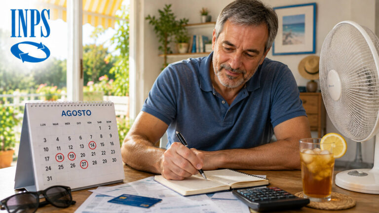 Pagamenti INPS agosto 2026, calendario aggiornato: quando arrivano Assegno Unico, ADI e NASpI Uomo consulta i pagamenti INPS di agosto 2026 con calendario del mese e logo INPS, riferimento alle date di Assegno Unico, ADI e NASpI.