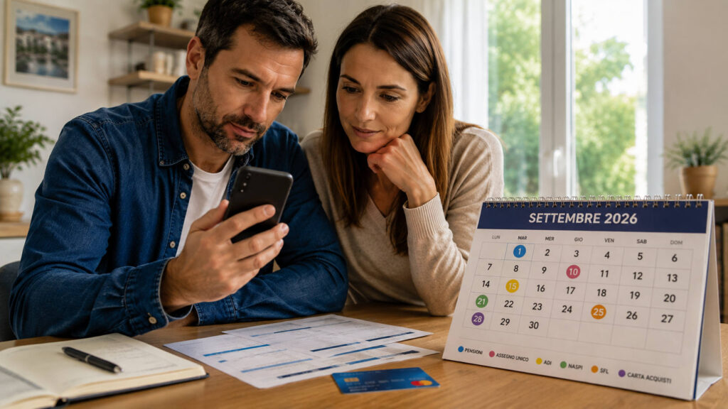 Pagamenti INPS settembre 2026, si parte subito: pensioni, Assegno Unico, ADI e gli altri accrediti Pagamenti INPS settembre 2026, famiglia controlla sullo smartphone il calendario degli accrediti