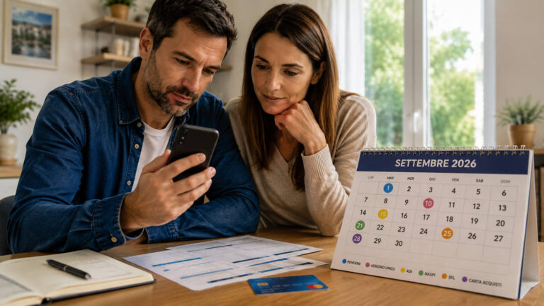 Pagamenti INPS settembre 2026, si parte subito: pensioni, Assegno Unico, ADI e gli altri accrediti Pagamenti INPS settembre 2026, famiglia controlla sullo smartphone il calendario degli accrediti