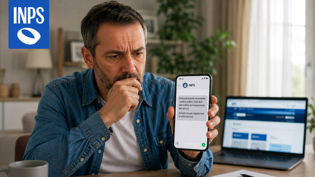 Uomo preoccupato mostra un SMS INPS sospetto sullo smartphone