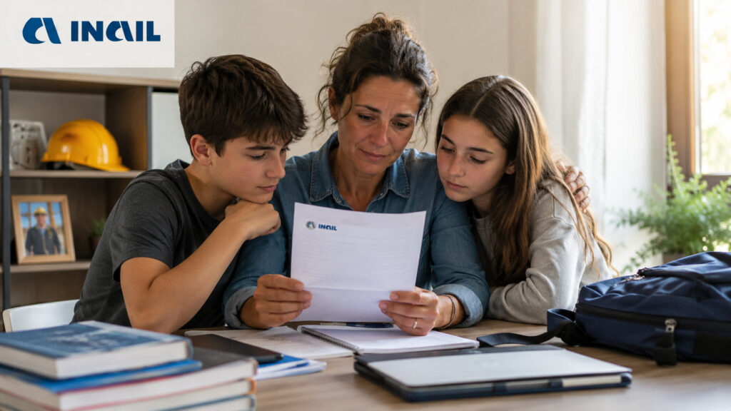 Famiglia di una vittima del lavoro con documenti Inail relativi ai contributi e alle borse di studio previste nel 2026.