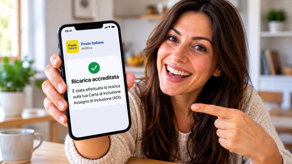 Assegno di Inclusione di settembre, ci siamo: partite le lavorazioni, ricarica ordinaria attesa da oggi Donna mostra sullo smartphone la notifica della ricarica dell’Assegno di Inclusione di settembre 2026