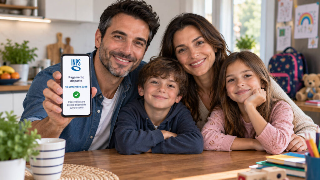 Assegno Unico settembre 2026, partono i pagamenti: ecco le prime date di accredito Famiglia con smartphone che mostra il pagamento INPS dell’Assegno Unico di settembre 2026