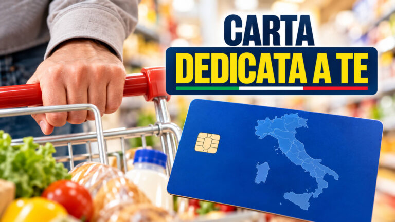 Carta Dedicata a Te 2026-2027, la distribuzione regione per regione: ecco dove arrivano più aiuti Carta Dedicata a Te 2026-2027: carta blu con mappa dell’Italia accanto a un carrello della spesa