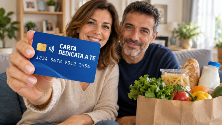 Carta Dedicata a te 2026, ci siamo quasi: quando arriva la ricarica da 500 euro Carta Dedicata a te 2026, coppia mostra la carta per il bonus spesa da 500 euro