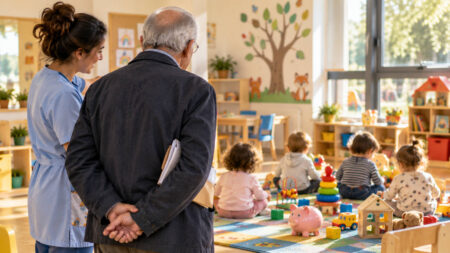 Fondo pensione dalla nascita, prende forma la nuova idea del Governo per il futuro dei giovani Fondo pensione dalla nascita, anziano osserva bambini in un asilo nido