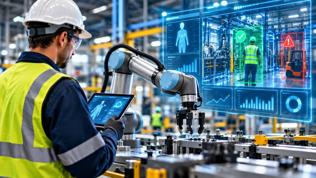 IA e robot cambiano il lavoro: fin dove può spingersi il controllo sui dipendenti? Lavoratore affiancato da un robot e da un sistema di intelligenza artificiale per il controllo e la sicurezza sul lavoro