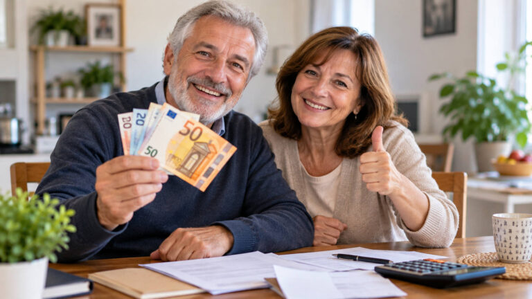 Coppia sorridente di pensionati con banconote in euro per gli aumenti e arretrati INPS da ottobre 2026