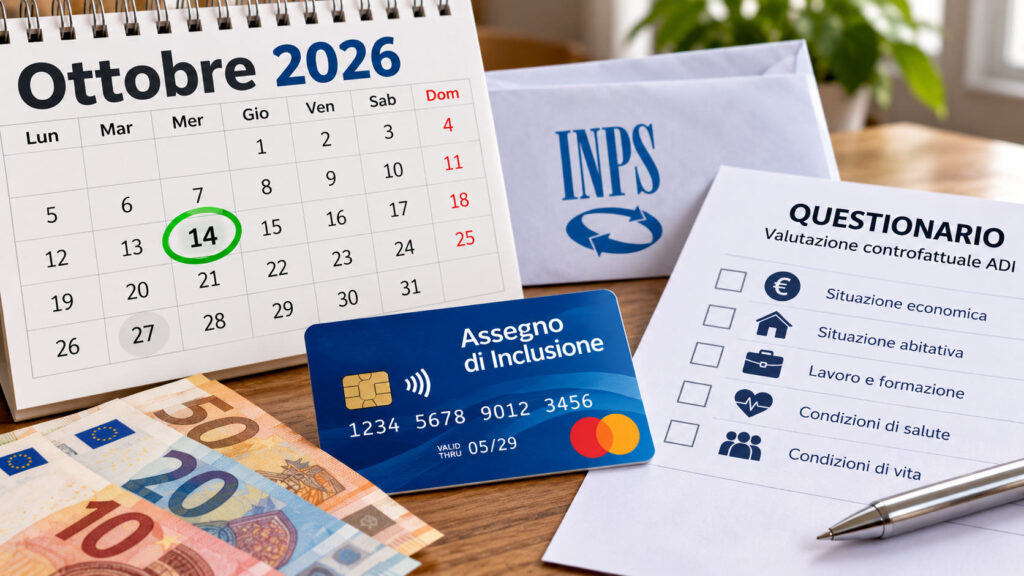 Assegno di Inclusione ottobre 2026, ricarica metà mese il 14 ottobre: arriva anche una novità per i beneficiari Carta Assegno di Inclusione blu accanto al calendario di ottobre 2026 con il 14 evidenziato e al nuovo questionario ADI