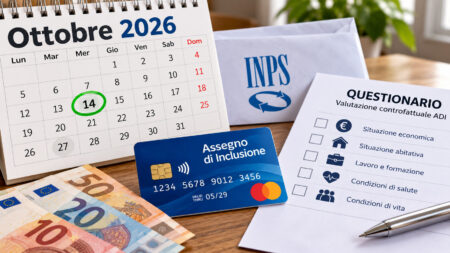 Assegno di Inclusione ottobre 2026, ricarica metà mese il 14 ottobre: arriva anche una novità per i beneficiari Carta Assegno di Inclusione blu accanto al calendario di ottobre 2026 con il 14 evidenziato e al nuovo questionario ADI
