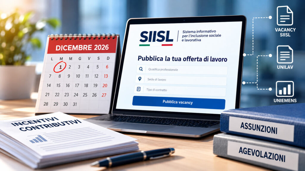 Obbligo SIISL per le assunzioni agevolate dal 1° dicembre 2026, con calendario, piattaforma per le offerte di lavoro e documenti sugli incentivi contributivi.