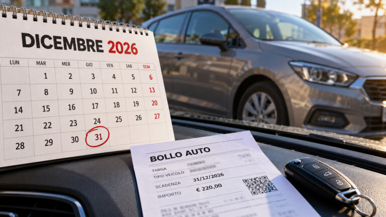Calendario di dicembre 2026 con il giorno 31 cerchiato, ricevuta del bollo auto e automobile sullo sfondo