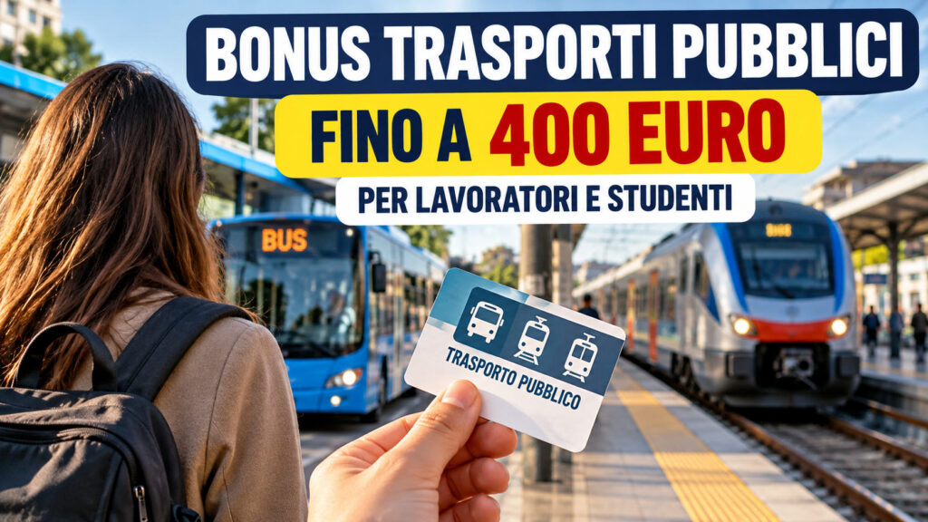 Bonus trasporti pubblici fino a 400 euro: pendolare con abbonamento davanti a un autobus e un treno