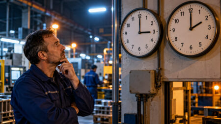 Torna l’ora solare, c’è chi dovrà lavorare un’ora in più: ecco cosa succede Operaio durante il turno di notte osserva due orologi che segnano le 2 e le 3 per il cambio all'ora solare 2026
