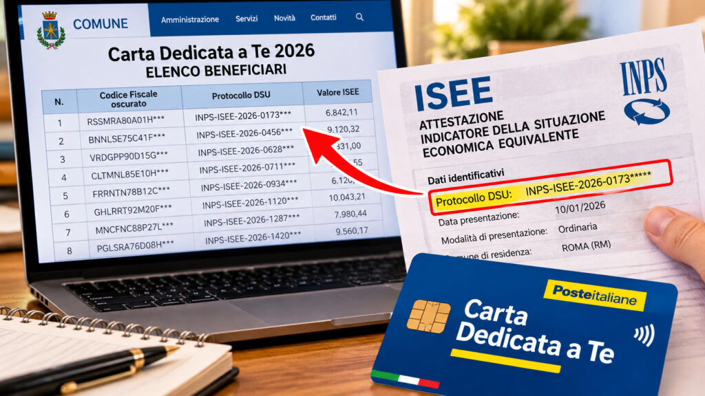 Carta Dedicata a Te 2026, escono le prime liste: come scoprire se hai diritto ai 500 euro Carta Dedicata a Te 2026, verifica delle liste dei beneficiari sul sito del Comune tramite codice DSU ISEE