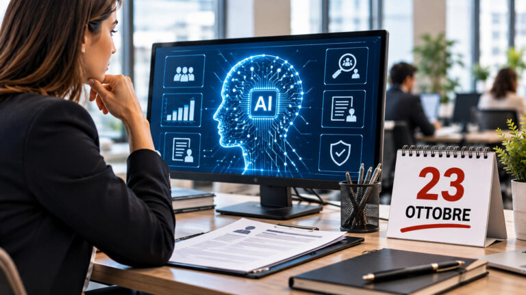 Decreto Intelligenza Artificiale, dal 23 ottobre nuove regole e tutele sul lavoro: cosa cambia Intelligenza artificiale sul lavoro: responsabile HR davanti a un sistema IA e calendario del 23 ottobre