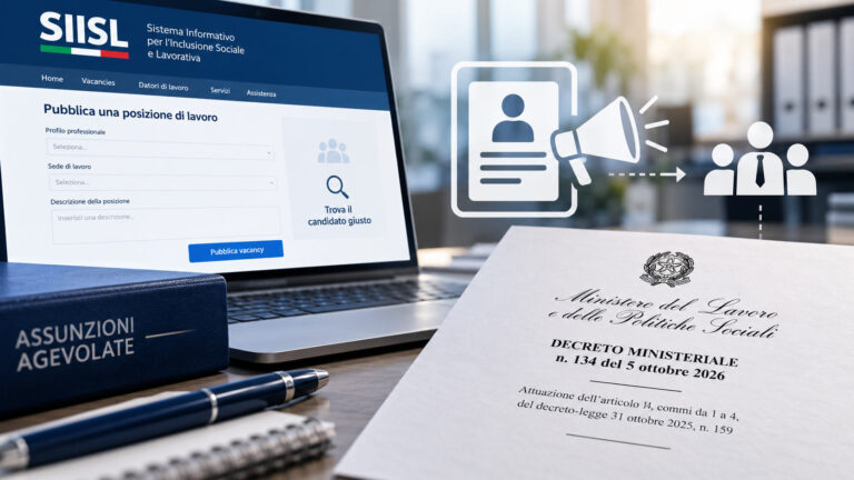Obbligo di pubblicazione delle vacancy su SIISL per gli incentivi alle assunzioni, Decreto ministeriale 134/2026