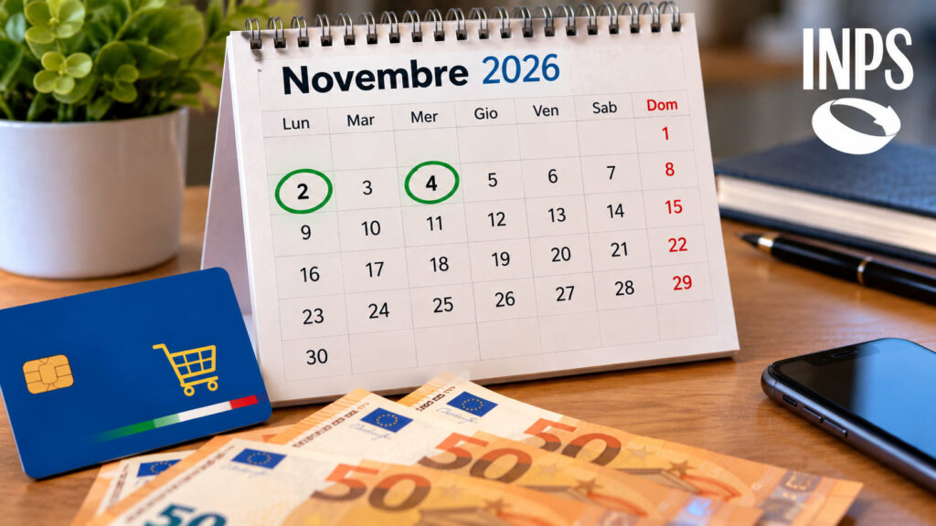 Pagamenti INPS novembre, dalle pensioni in ritardo ai 500 euro sulla Carta Dedicata a te Calendario novembre 2026 con le date del 2 e 4 evidenziate, carta prepagata e banconote per i pagamenti INPS